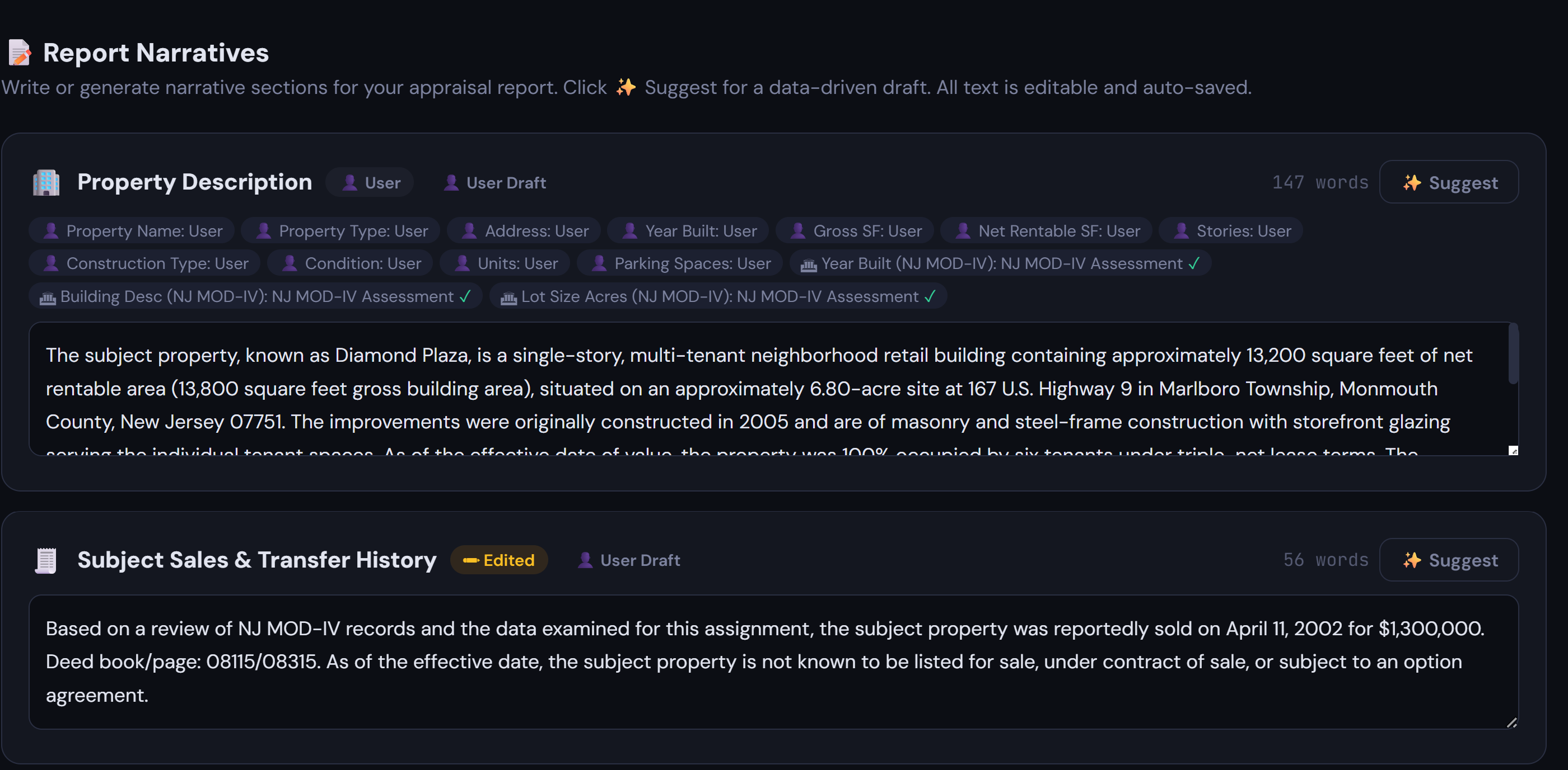 Report Narratives — per-field provenance chips and editable narrative sections