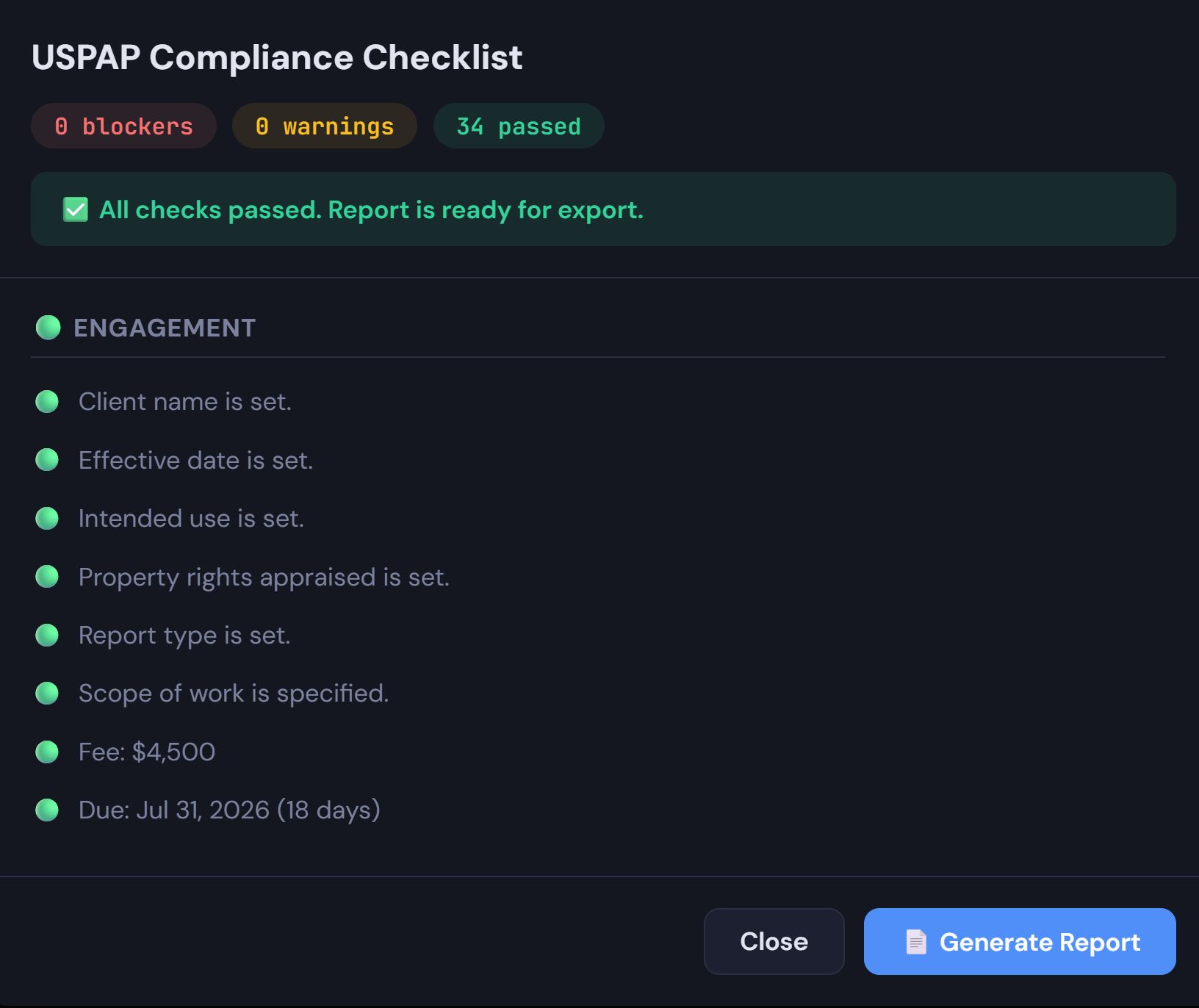USPAP checklist — 0 blockers, 0 warnings, 34 checks passed, report ready for export